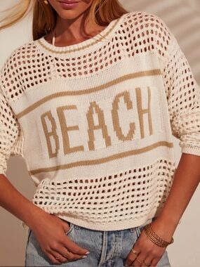 Vintage Havana Cream Openwork 'BEACH' Crewneck Sweater with Tan Accents